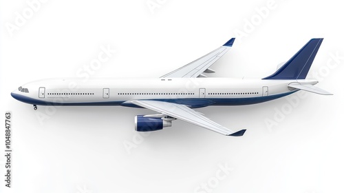 White passenger airplane with blue accents viewed from above isolated on white background.