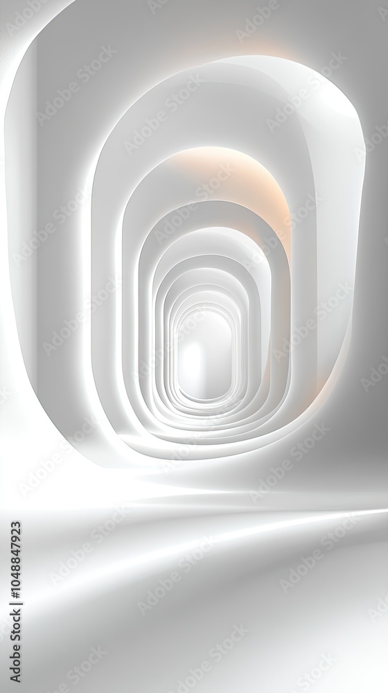 Obraz premium Abstract white hallway with arches and glowing light at the end.