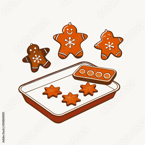 Gingerbread people and stars with white icing on baking pan.