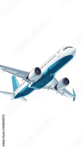A white and blue commercial airplane taking off against a white background.