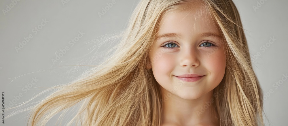 A cheerful eight year old girl with pretty blond hair Young model featuring naturally beautiful long straight hair Layout includes free copy space A cheerful eight year old girl with pretty blond hair Young model featuring naturally beautiful long straight hair Layout includes free copy space