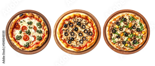 Set of top view pizza on a wooden plate including anchovies and black olives, margherita, Hawaiian, and vegetarian, isolated on a white transparent background