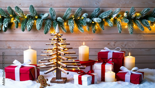 Holiday decorations featuring gifts and a rustic wooden tree. photo