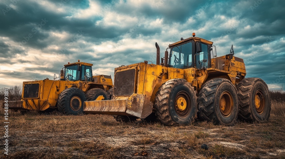 Two large yellow construction vehicles parked on a grassy field under a cloudy sky. Two large yellow construction vehicles parked on a grassy field under a cloudy sky.