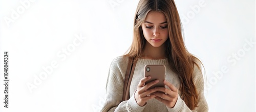 Young Caucasian woman holding a smartphone in portrait orientation Set against a white background with copy space Engaged with the modern mobile phone display touching the screen and using an appli photo