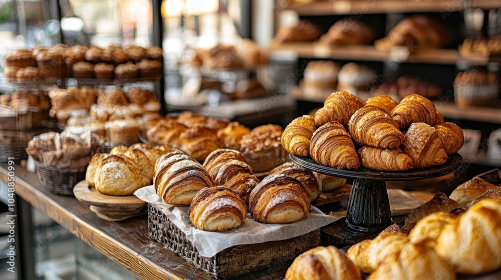Close-up of a bakery counter showcasing freshly baked bread loaves, croissants, and muffins with a rustic charm Close-up of a bakery counter showcasing freshly baked bread loaves, croissants, and muffins with a rustic charm