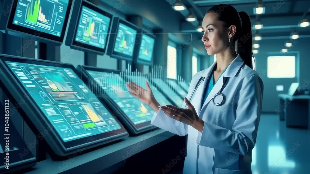 Doctor analyzing data on futuristic touchscreen displays in modern hospital environment. Doctor analyzing data on futuristic touchscreen displays in modern hospital environment.