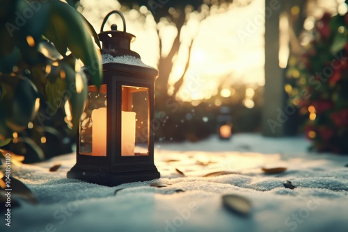 Warm lantern glowing on snow-covered ground during a serene winter sunset in a garden setting photo