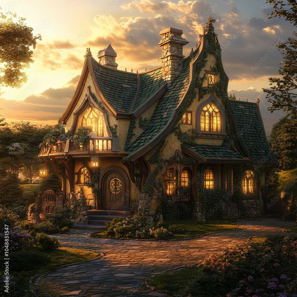 Obraz premium A beautiful fantasy house in the style of old English architecture, with warm lighting, highly detailed and high-resolution, creating a dreamy, cinematic atmosphere during the golden hour at sunset. 