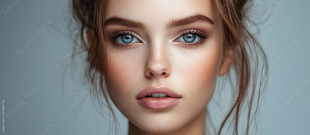 Fototapeta premium Close up portrait of an expressive glamorous girl against a grey background. with copy space image. Place for adding text or design
