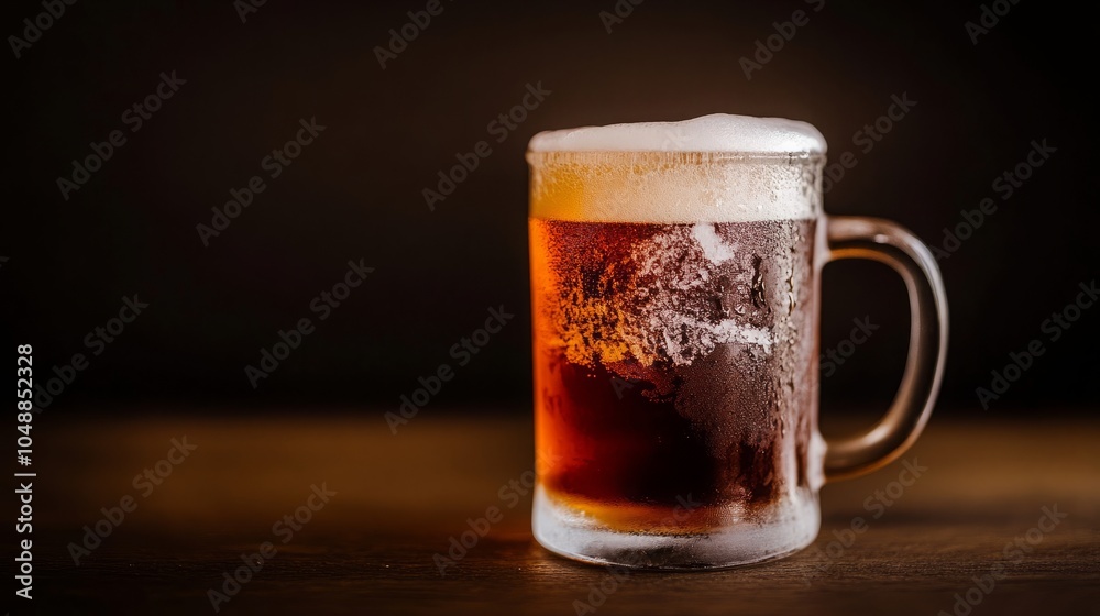 A frosty glass of beer with a thick head of foam sits on a wooden table, ready to be enjoyed. A frosty glass of beer with a thick head of foam sits on a wooden table, ready to be enjoyed.