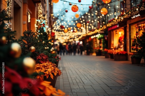 Festively decorated street adorned with lights and Christmas ornaments in a bustling town center during the holiday season