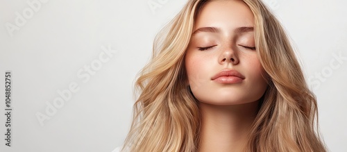 adorable young blonde woman with eyes closed isolated on a white background. with copy space image. Place for adding text or design photo