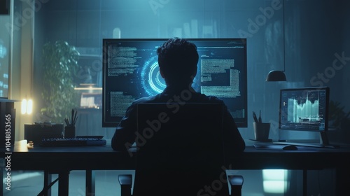 Cybersecurity expert working on advanced data analysis in a dimly lit office