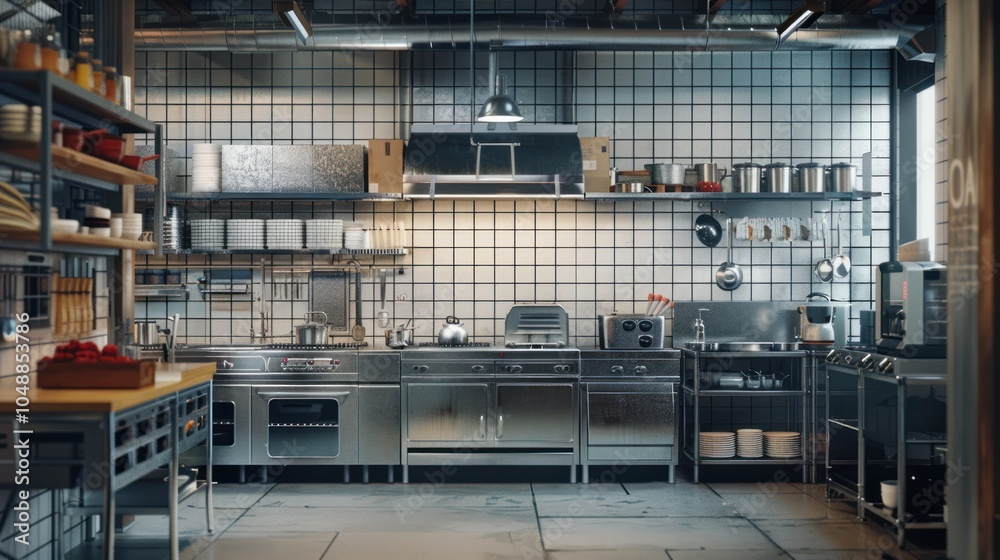 Industrial Kitchen with Stainless Steel Appliances and Tile Walls Industrial Kitchen with Stainless Steel Appliances and Tile Walls