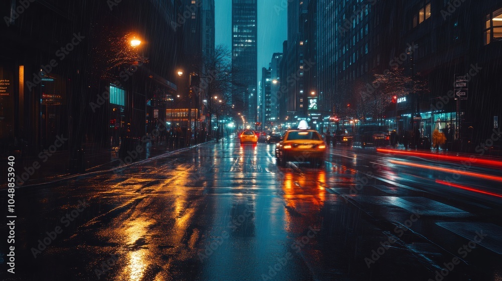Fototapeta premium A rainy city street at night, illuminated by lights and reflecting on wet pavement.