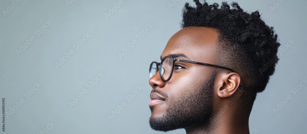Portrait of a handsome young stylish African American man in eyeglasses looking off to the side isolated against a grey background. with copy space image. Place for adding text or design Portrait of a handsome young stylish African American man in eyeglasses looking off to the side isolated against a grey background. with copy space image. Place for adding text or design