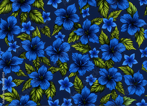 Vibrant Blue Floral Pattern with Lush Green Leaves Graceful Design