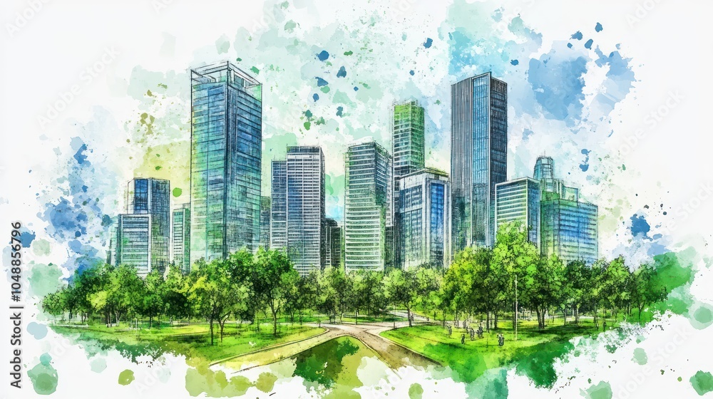 Obraz premium A vibrant city skyline with greenery, showcasing urban life and nature's harmony.