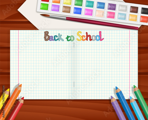 School notebook for teaching writing on a background of colored pencils and drawing sheet, watercolor paints with art brush on wooden surface. Used as an advertising banner for web design.