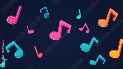 Vibrant Neon Musical Notes Against Dark Background