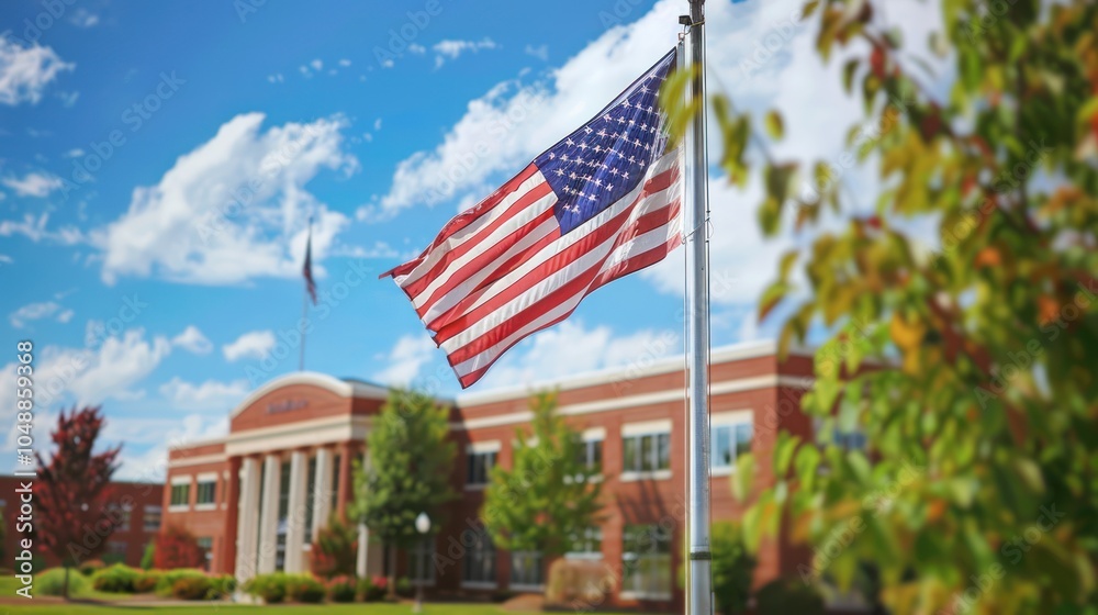 Fototapeta premium American Flag Flying in Front of a Brick Building