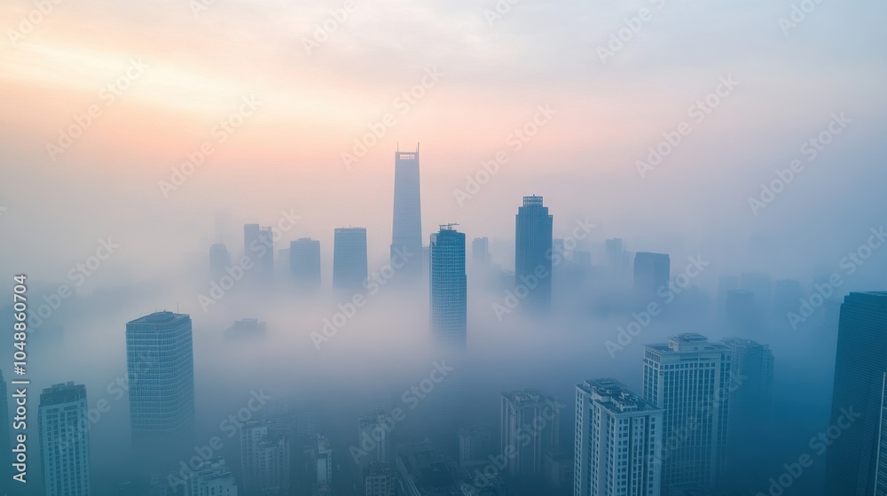 Fototapeta premium Aerial View of Cityscape Shrouded in Fog