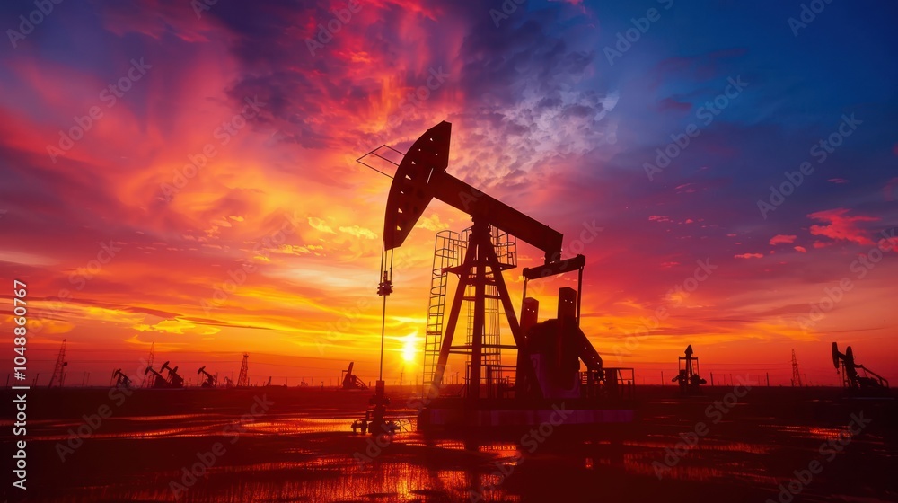Oil Pump Jack Silhouette at Sunset with Vibrant Sky Oil Pump Jack Silhouette at Sunset with Vibrant Sky