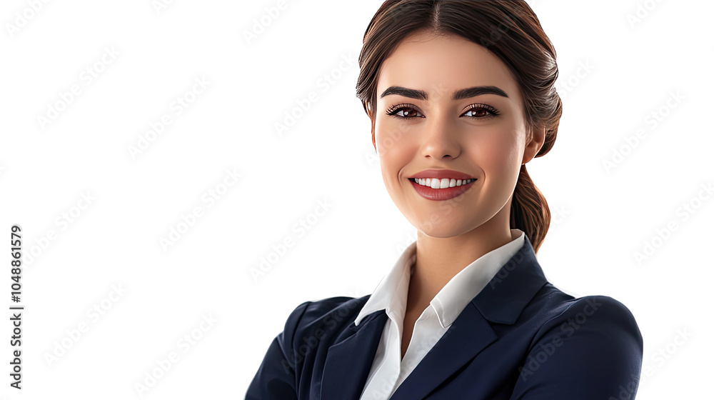 Smiling portrait of a confident businesswoman in a suit, embodying success and professionalism in an office setting Smiling portrait of a confident businesswoman in a suit, embodying success and professionalism in an office setting