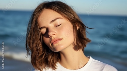 Serene young woman enjoying the peaceful ocean breeze at the beach