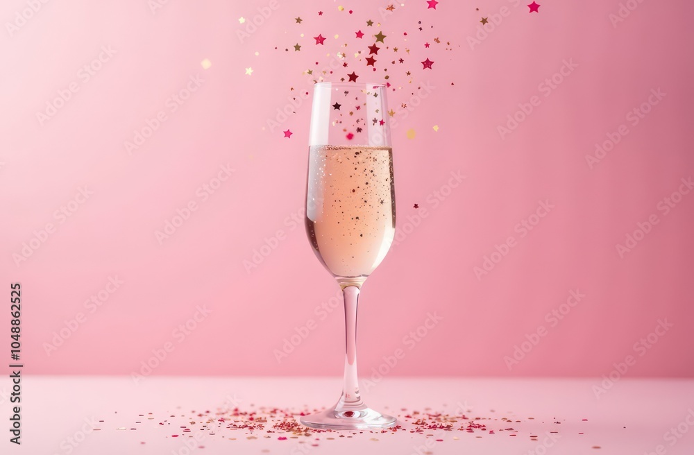Transparent glass champagne goblet with confetti splash in form of multicolored stars on a pink background. Concept of holidays, christmas, birthday and lovers day	