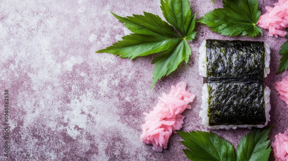 Obraz premium Two pieces of onigiri, Japanese rice balls wrapped in seaweed, with pink pickled ginger and green leaves on a grey background.