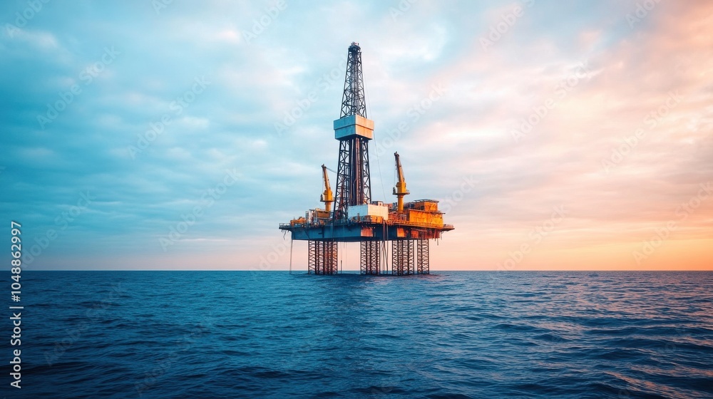 Obraz premium Abandoned Oil Rig in Calm Ocean Waters at Sunset