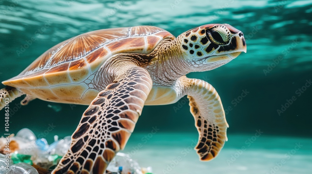 Fototapeta premium Sea Turtle Swimming Underwater in Clear Ocean Water