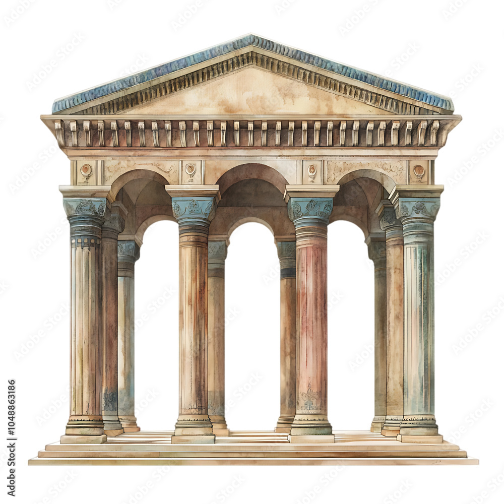 Fototapeta premium A watercolor illustration of an ancient Greek temple with six columns.