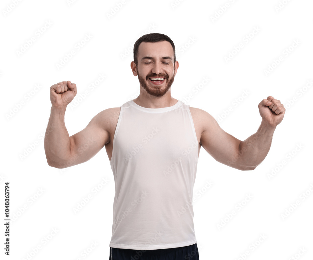 Fototapeta premium Handsome young man running on white background