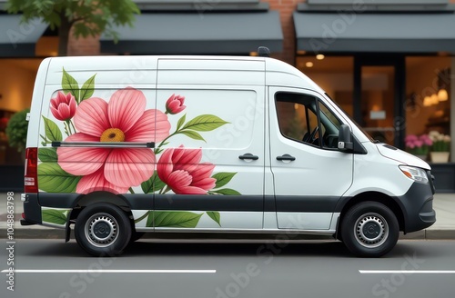 An image showcasing a sleek, modern van, painted white, with a large, colorful floral design on the side, indicating it's a flower delivery vehicle.	
 photo