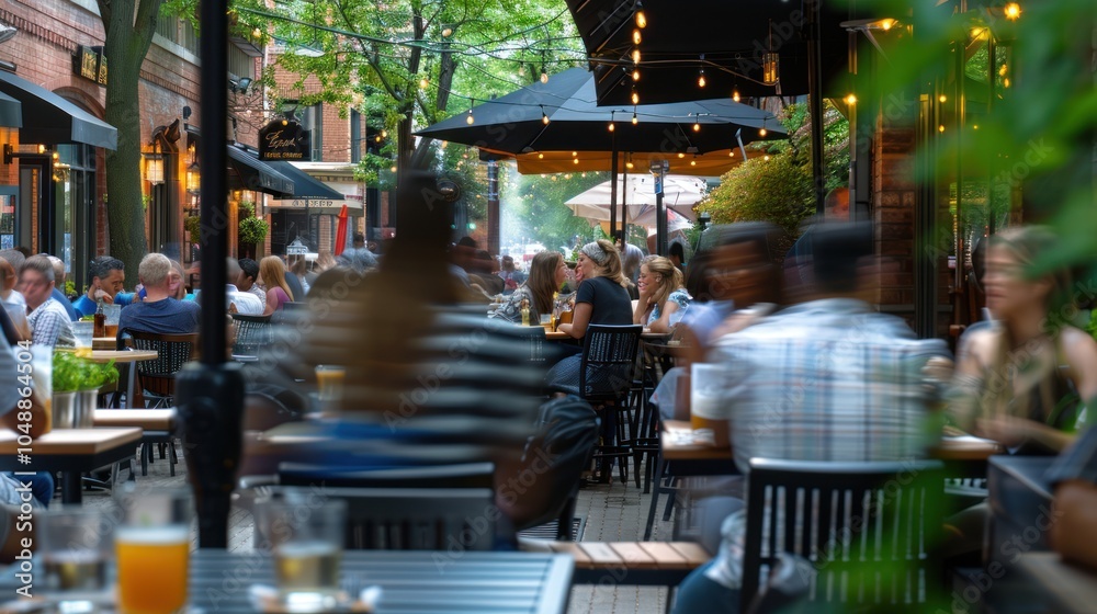 Fototapeta premium Outdoor Restaurant Patio with Patrons and String Lights