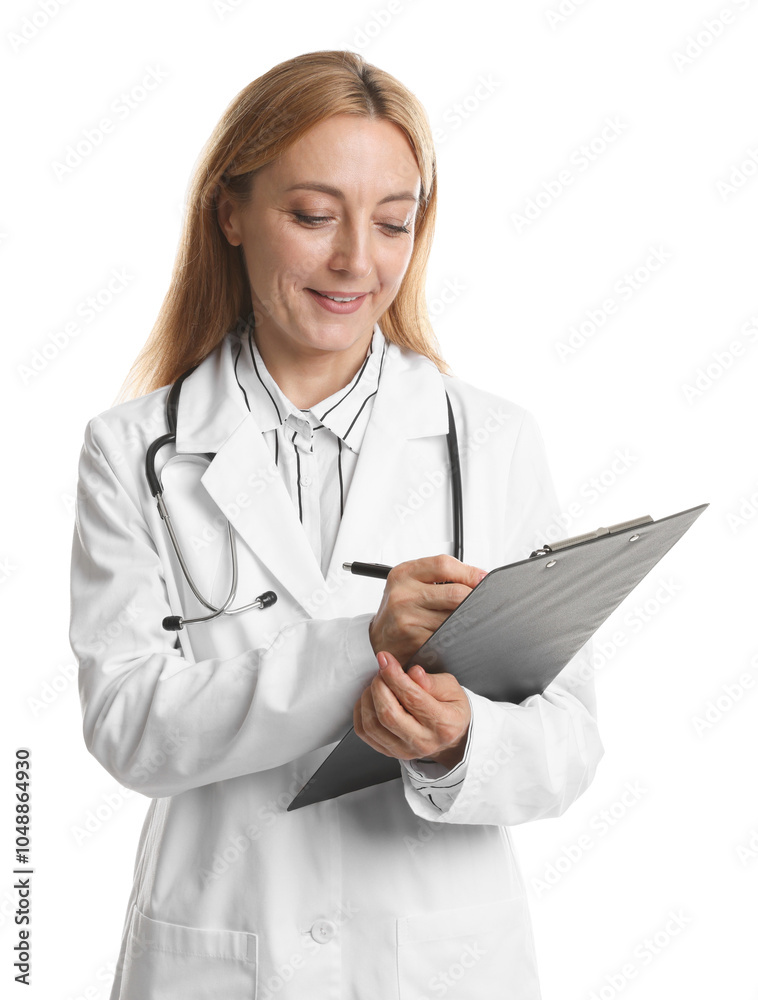 Doctor with stethoscope and clipboard writing notes on white background