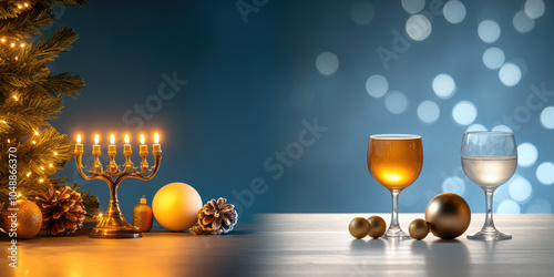 festive scene featuring menorah and Christmas tree, illuminated with warm lights, alongside elegant glasses of beverages and decorative ornaments. atmosphere is joyful and celebratory photo