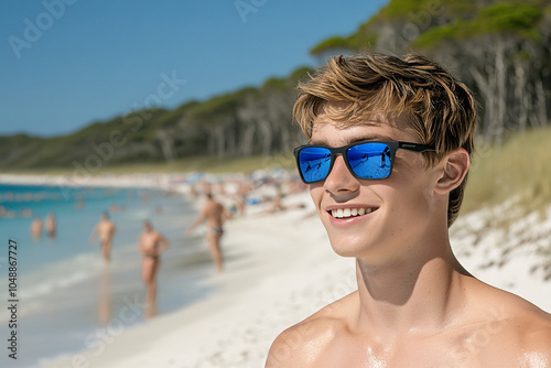 happy man on beach wearing blue sunglasses smiling  - summer vacation tropical travel beach
