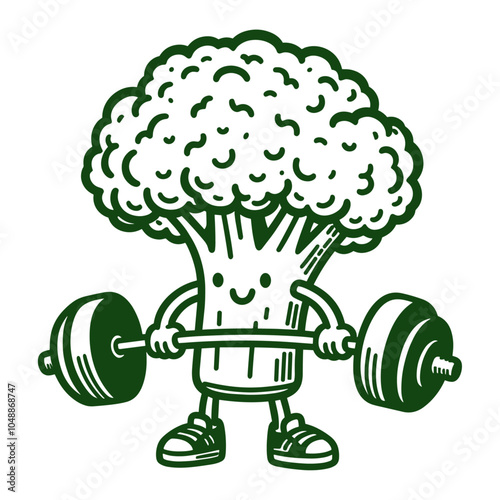 broccoli mascot with a barbell, fitness sketch