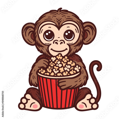 cute monkey with a popcorn bucket illustration