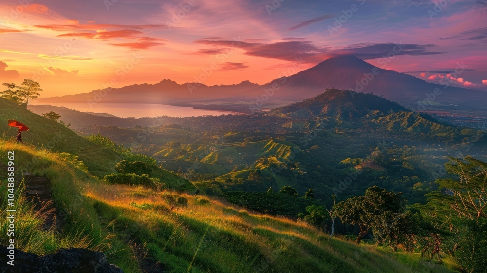 Fototapeta premium A lone hiker with a red umbrella enjoys the sunset over a volcanic landscape.