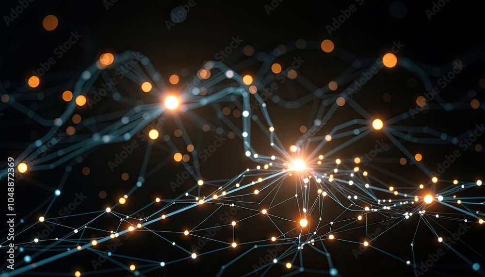 Abstract data flow in dark space with glowing nodes and interconnected data streams, representing the digital landscape of advanced information networks. AI-generated Abstract data flow in dark space with glowing nodes and interconnected data streams, representing the digital landscape of advanced information networks. AI-generated