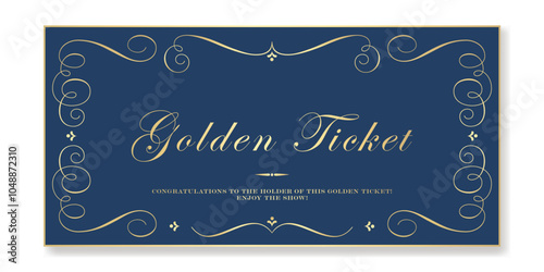 Golden ticket on a delicate blue background. Premium vector ticket template in vintage Victorian style for classic gala events and campaigns. For web and print. 