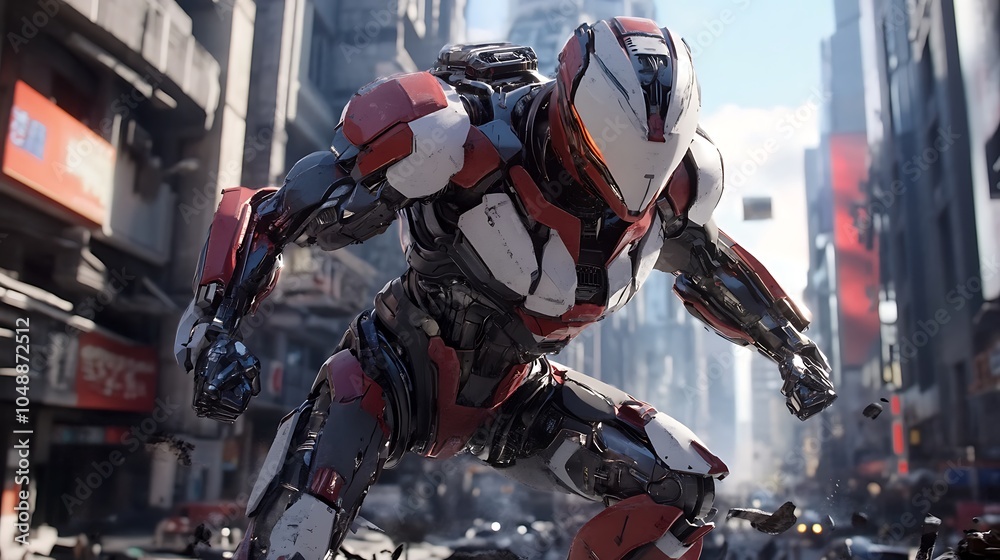 A futuristic robot, clad in red and white armor, stands amidst a chaotic cityscape, ready for action.