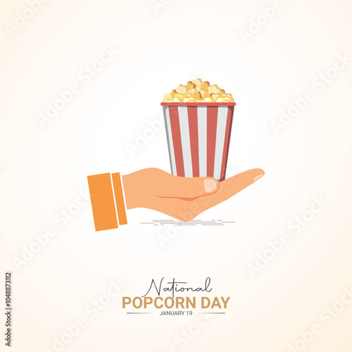 National Popcorn Day: A hand holds a red and white striped bucket of popcorn, a classic symbol of celebration and enjoyment, with the text "National Popcorn Day" inscribed below.