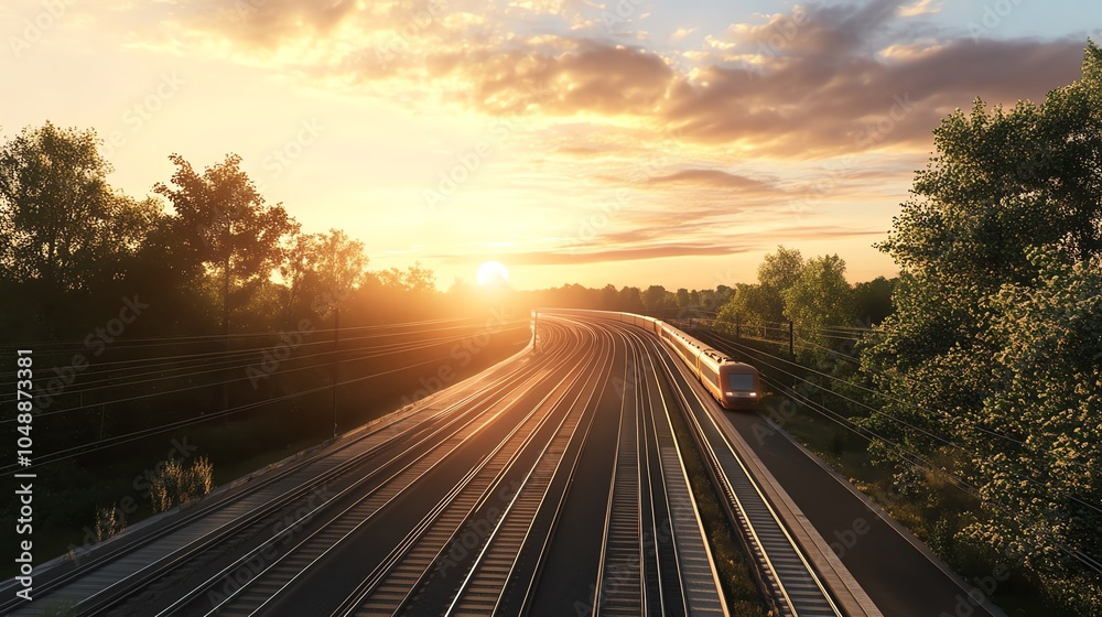 Obraz premium Train at sunset, serene landscape view