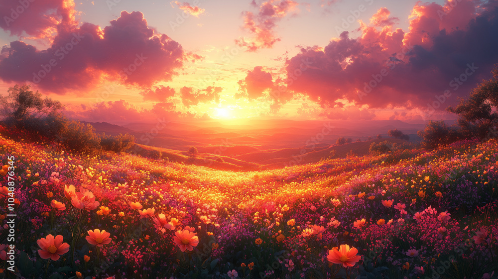 Rolling hills covered in golden wildflowers at sunset: A landscape of gentle rolling hills, blanketed with golden wildflowers. The sunset casts a warm glow over the scene, with ora